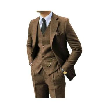 Imagem de Terno De Casamento Masculino Em Tweed Marrom 3 Peças Com Lapela Entalh