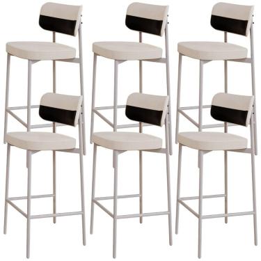 Imagem de Kit 06 Banquetas Alta Bar Cozinha Sala De Jantar Aço Branco Kaira C01 Linho Palha Courino Preto - Lyam Decor
