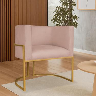 Imagem de Poltrona Dália Luxo Moderna Estofada Design Sofisticado Com Base De Ferro Dourado Suede Rosê