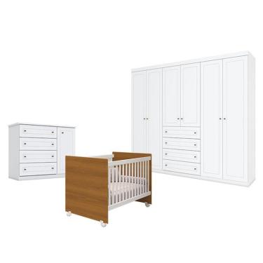 Imagem de Quarto De Bebê Americano 6 Portas Com Berço Nacional Mel Branco Savana- Reller - Henn
