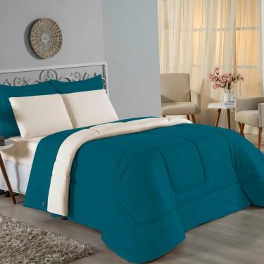 Imagem de Kit Edredom Dupla Face + Jogo De Lençol Solteiro Nobre 4 Peças Malha 100% Algodão - Petróleo / Palha