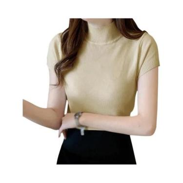 Imagem de Camiseta Feminina Slim Fit De Gola Alta, Tricô, Manga Curta, Casual E 