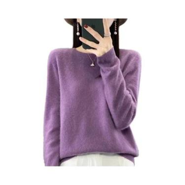 Imagem de Pulôver Feminino 100% Lã Merino Cashmere Com Gola Redonda E Manga Long