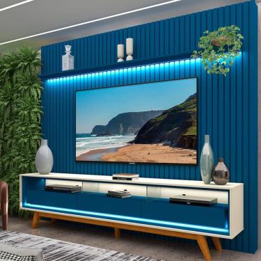 Imagem de Rack com Painel para TV Até 85 Polegadas Nobre 3 Gavetas Ripado 100% Mdf com Led Azul Royal/Off White - Gelius