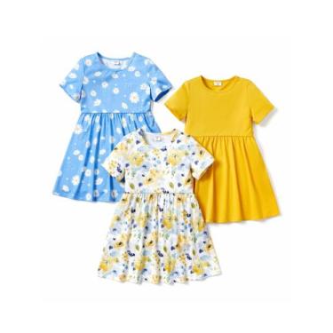 Imagem de Vestido PATPAT Toddler Girl com estampa floral, pacote com 3, 5-6 anos
