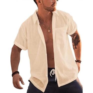 Imagem de Camisa Masculina De Linho E Algodão, Manga Curta, Com Botões, Gola Vir