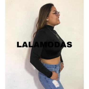 Imagem de Cropped Feminino Gola Alta Manga Longa em Suplex/branco/preto/rosa - l