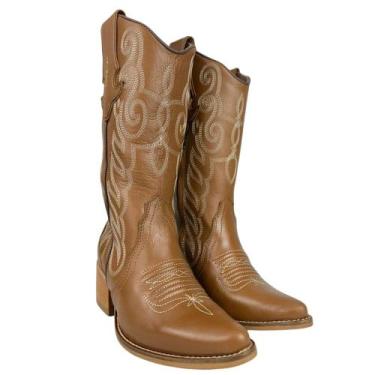 Imagem de Bota Texana Feminina Vimar Bico Fino Couro Travel Caramelo Bordado Sol