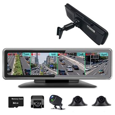 Imagem de Mirror Dash Cam para carros câmeras 4CHs gravam simultaneamente monitoramento panorâmico de 360 graus, tela de toque IPS de 12 polegadas, dois métodos de instalação: suporte especial espelho retrovisor/painel (cartão TF de 64 GB incluído)
