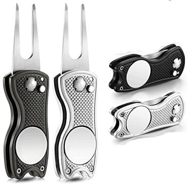 Imagem de 4 ou 5 pacotes de ferramenta de reparo de golfe de aço inoxidável dobrável ferramenta de golfinho ferramenta magnética botão de golfe marcador de bola de golfe (Preto + Prata)