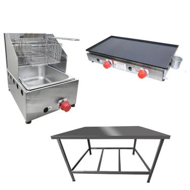 Imagem de Kit Lanchonete Mesa de Manipulação 100x55cm + Fritadeira a Gás 1 Cuba + Chapa a Gás 60cm Alcamar
