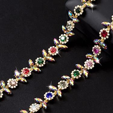 Imagem de ANCIRS Corrente de strass de cristal de flor costurada de 1 jarda, enfeites de acabamento de corrente de garra de diamante de base dourada para fantasia, roupas, roupas, vestidos, brincos, cinto, sapatos, projetos de bricolage