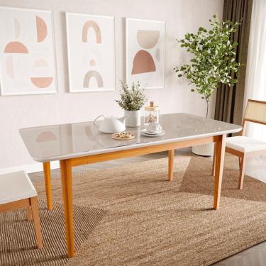 Imagem de Mesa de Jantar 6 Lugares 1,80m Tampo MDF e Vidro Pés Madeira Maciça Tangará CabeCasa MadeiraMadeira Caramarromo/Off White