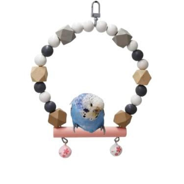 Imagem de Brinquedo de balanço de gaiola de pássaro para pendurar, poleiro de papagaio de madeira natural com suporte, pequeno acessório de calopsita para periquito e periquito (flor de cerejeira)