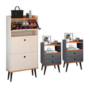 Imagem de Kit Sapateira Vertical 3 Gavetas Basculantes Dark Off White/Cinamomo e 2 Mesinhas Canto Quarto Nicho Decorativo Dream Cinza/Cinamomo RPM