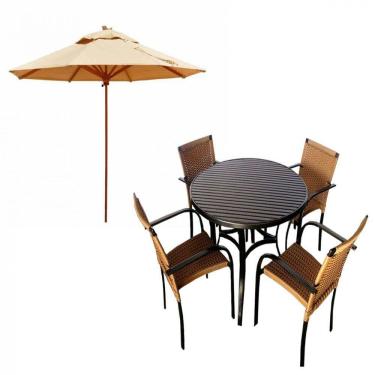 Imagem de Kit 4 Cadeiras e Mesa com Tampo Ripado em Alumínio e Ombrelone para Piscina, Jardim, Edícula, Área - Trama