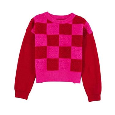 Imagem de Yueary Suéter feminino Love xadrez gola redonda manga longa outono e inverno quente casual pulôver top, Multicolorido, M
