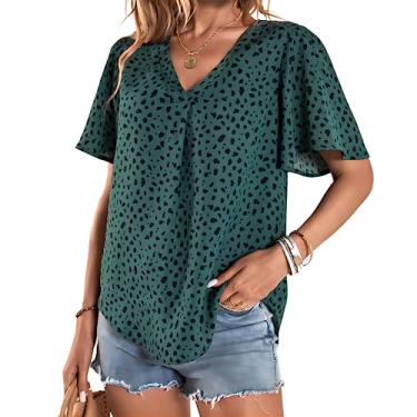 Imagem de EGRETLAC Blusas de manga comprida para mulheres, blusas de chiffon com estampa de leopardo, gola V, camisas de negócios soltas, túnica casual de trabalho, Verde, P