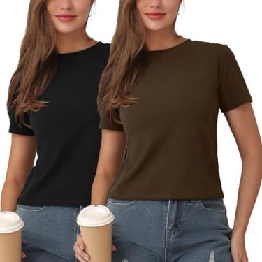 Imagem de Camisetas femininas de gola redonda manga curta slim fit macio elástico sólido verão casual camiseta básica, Preto + cáqui profundo, G