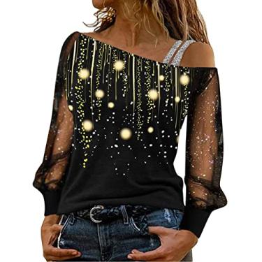 Imagem de Aniywn Camiseta feminina de manga comprida com ombro de fora e lantejoulas de malha com glitter, blusa de festa, clube, blusa Y2K, A6 - Amarelo, M