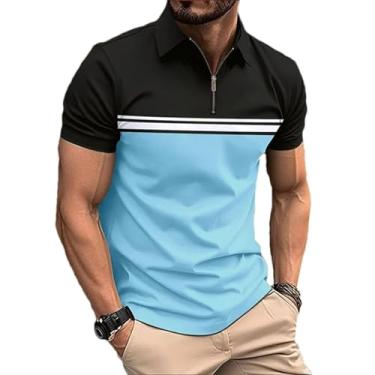 Imagem de BoShiNuo Camiseta masculina de lapela de manga curta masculina casual esportiva com zíper no peito listrada camiseta masculina, Azul bebê, M