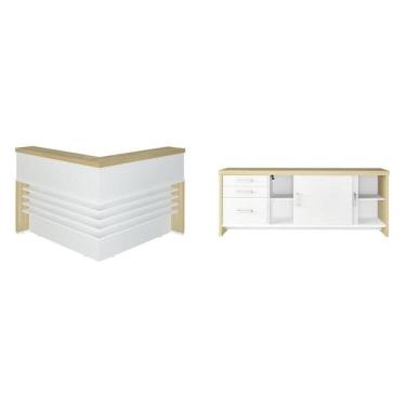 Imagem de Conjunto Recepção Balcão de Atendimento e Balcão Tamburato com 3 Gavetas Carvalho/Branco