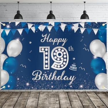 Imagem de JOYKY Faixa de feliz aniversário de 19 anos, decorações de festa de aniversário de 19 anos de prata azul para homens e meninos, decoração de pano de fundo de suprimentos de aniversário de 19 anos, 15