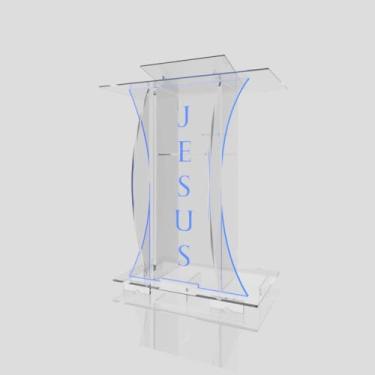 Imagem de Púlpito de Acrílico Mod. Débora Transparente (Tradicional, Moderna ou Sem Gravação) Cores em Led. (Grav. "Jesus" Tradicional, LED AZUL)