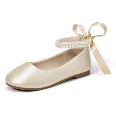 Imagem de Hehainom Sapatos sociais para meninas, meninas, florista, para crianças pequenas, Mary Jane, sapatilhas, laço de pérolas, festa de casamento, sapatos de comunhão, Goldpu, 13 Little Kid