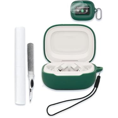 Imagem de Capa para fones de ouvido JBL Live Beam 3/Buds 3/Flex 3, protetor de silicone macio, portátil, resistente a arranhões, compatível com capa com kit de limpeza, mosquetão e cordão, verde