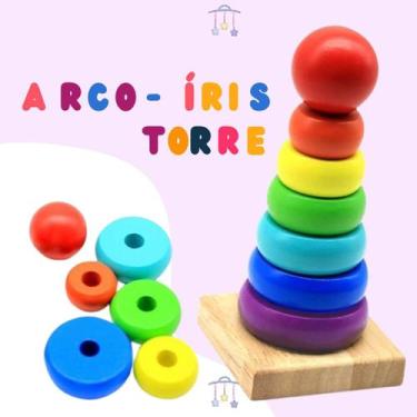 Imagem de Brinquedo Educativo Torre Pirâmide Encaixe Colorido Montessori Madeira