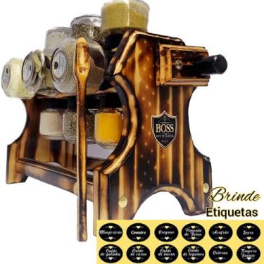 Imagem de Porta Tempero Giratório com Manivela 12 Potes em Madeira - Boss Arte e