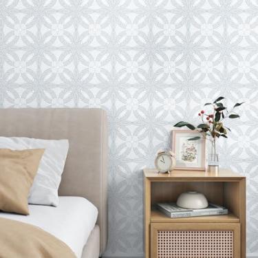 Imagem de WESTICK Papel de parede geométrico azul boho moderno treliça papel de contato para paredes armários e gavetas papel de parede colado em linha para sala de estar banheiro quarto parede com destaque
