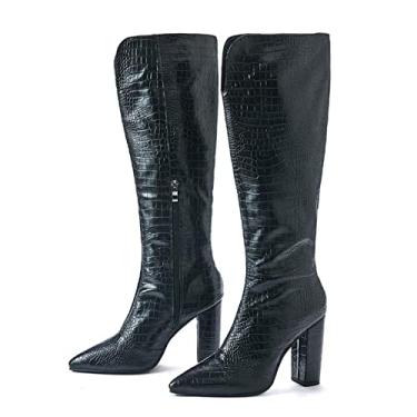 Imagem de Botas pretas de qualidade até o joelho botas femininas com zíper salto alto quadrado pontiagudo(Black half zipper,39EU)