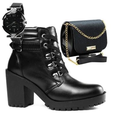 Imagem de Bota Feminina Tratorada Inverno Frio Conforto + Bolsa pequena e relógi