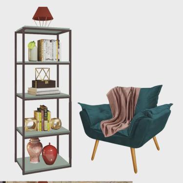 Imagem de Kit Poltrona Fatte com Manta Soft Salmão e Estante Livreiro Ferro Marrom mdf Verde Oliva Suede Azul Turquesa - Ahz Móveis