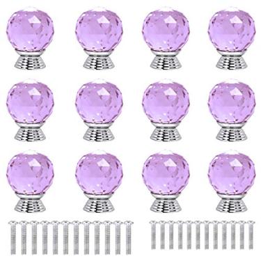 Imagem de ANJUU 12 maçanetas de armário de vidro de cristal de formato redondo de 30 mm com parafusos, puxador de gaveta usado para cozinha, cômoda, porta, armário (roxo)