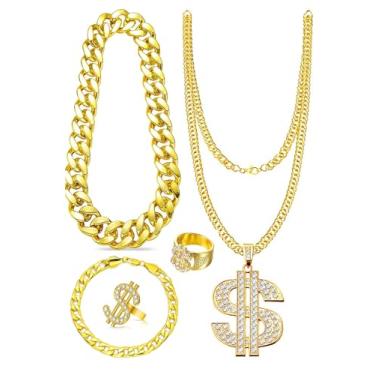 Imagem de EIELO Conjunto de joias de fantasia hip hop dos anos 80 anos 90 banhado a ouro, colar de sinal de dólar, anéis de símbolo de dólar, corrente de ouro grande, grosso, colar, pulseira, conjunto de