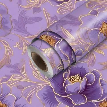 Imagem de HOMETITUTE Papel de parede floral roxo descascar e colar linha dourada flor contato papel de parede bastão de papel de parede 45 cm x 300 cm revestimento de parede de vinil autoadesivo para decoração