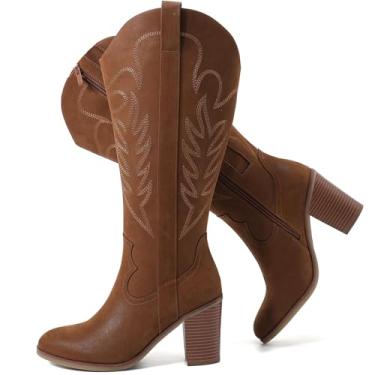 Imagem de Luoika Botas femininas extra largas na altura do joelho caubói de cano alto, largura larga, salto alto, plus size, Tan 701, 11 X-Wide