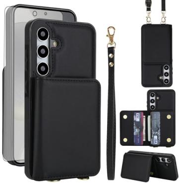 Imagem de Capa de celular para Samsung Galaxy S24 Plus S24+ 5G carteira celular com protetor de tela de vidro temperado alça transversal com bloqueio de RFID S24Plus 24S + S 24 24+ SM-S926U feminina preta