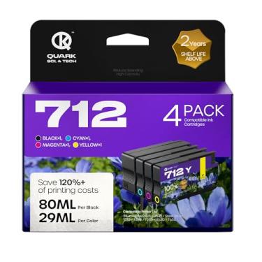 Imagem de Cartuchos de tinta 712 712XL de alto rendimento compatíveis com HP 712XL 712-XL cartucho de tinta para impressoras Designjet T650 T630 T230 T250 T210 (pacote com 4, 80-ML preto, 29-ML ciano/magenta