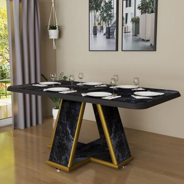Imagem de Mesa De Jantar 6 Lugares Retangular Moderna Tampo De MDF Estampa De Mármore