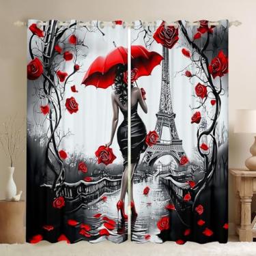 Imagem de Cortina de janela para meninas pretas Torre Eiffel Paris romântica tratamentos de janela meninas meninas americanas rosa impressão floral cortina 106,7 cm L L 2 painéis, rosa vermelha impressão