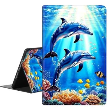 Imagem de RAUEDWDJS Capa para Samsung Galaxy Tab S10 FE (2025) / S9 FE 11 polegadas / S9 11 polegadas 5G, capa inteligente de couro PU fina com suporte para S-Pen e hibernar/acordar automático golfinho feliz