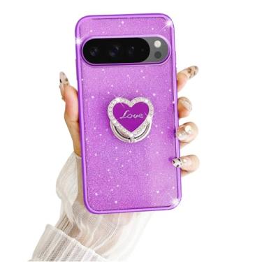 Imagem de Capa para Google Pixel 9 Pro XL, capa protetora de 3 camadas brilhantes com glitter transparente e suporte bonito, capa de telefone feminina para Pixel 9 Pro XL (2024) (lavanda