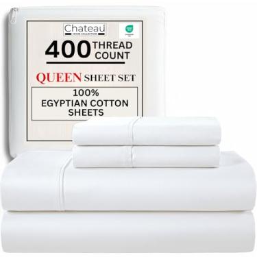 Imagem de Jogo de cama queen size 100% algodão egípcio, jogo de cama queen com bolso profundo, 400 fios, naturalmente fresco, macio, respirável, sem comprimidos, elástico, luxuoso, branco, para todas as