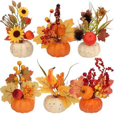 Imagem de Zealor 6 peças de abóbora artificial para decoração de Ação de Graças, mesa neutra rústica com bordo, girassol, bagas, pinha, plantas de outono para colheita, outono, casa de fazenda, mesa, casa