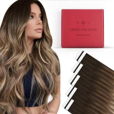 Imagem de Moresoo Extensões de cabelo humano com fita adesiva, 35 cm, 10 peças, 25 gramas, nº 4/10/16, marrom a dourado com loiro dourado, extensões de cabelo sem costura da moda