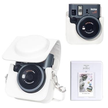Imagem de WOGOZAN Capa protetora para câmera instantânea Fujifilm Instax Mini 41, capa retrô de couro PU Mini 41 com álbum de fotos 64 e alça de ombro ajustável (sem câmera) - branca